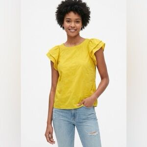 NWT• GAP Women's Sunny Yellow Floral Embroidered Flutter Sleeve Top Size S